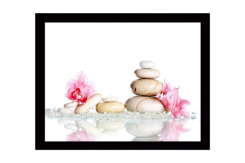 Indrammet lærredstryk i træ - 41x56 cm - Stenbunke omgivet af lyserøde blomster og funklende sten, Hvid / Lyserød / Beige
