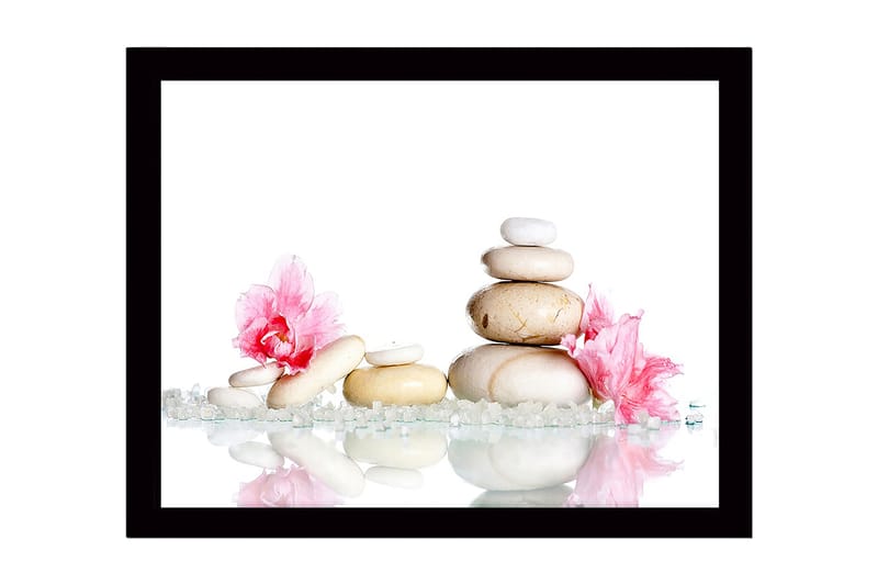 Indrammet lærredstryk i træ - 41x56 cm - Stenbunke omgivet af lyserøde blomster og funklende sten, Hvid / Lyserød / Beige