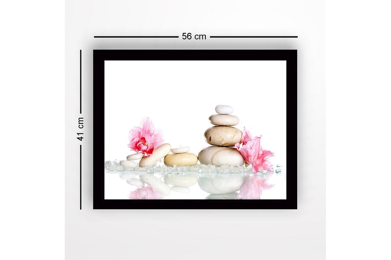 Indrammet lærredstryk i træ - 41x56 cm - Stenbunke omgivet af lyserøde blomster og funklende sten - Hvid / Lyserød / Beige - Boligtilbehør - Billeder & kunst