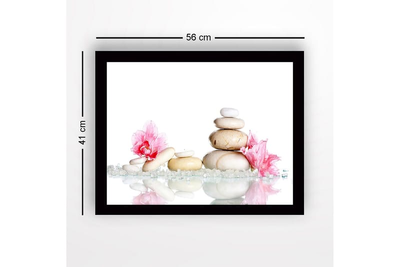 Indrammet lærredstryk i træ - 41x56 cm - Stenbunke omgivet af lyserøde blomster og funklende sten - Hvid / Lyserød / Beige - Boligtilbehør - Billeder & kunst