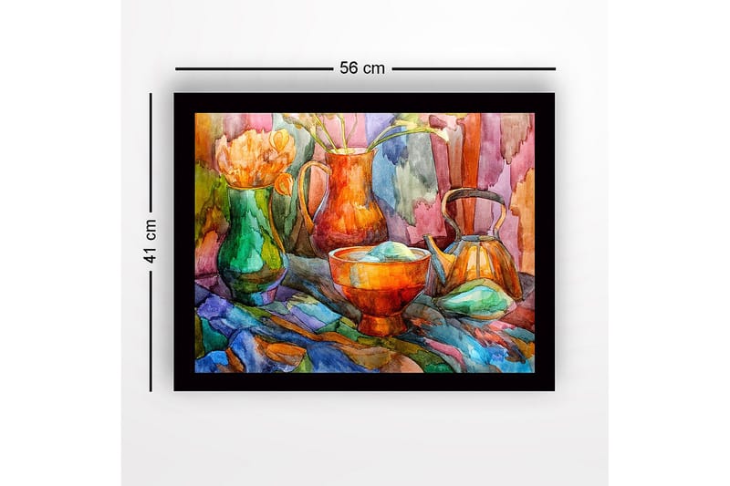 Indrammet lærredstryk i træ - 41x56 cm - Stilhed med farverige kar og blomster - Grøn / Orange / Blå - Boligtilbehør - Billeder & kunst