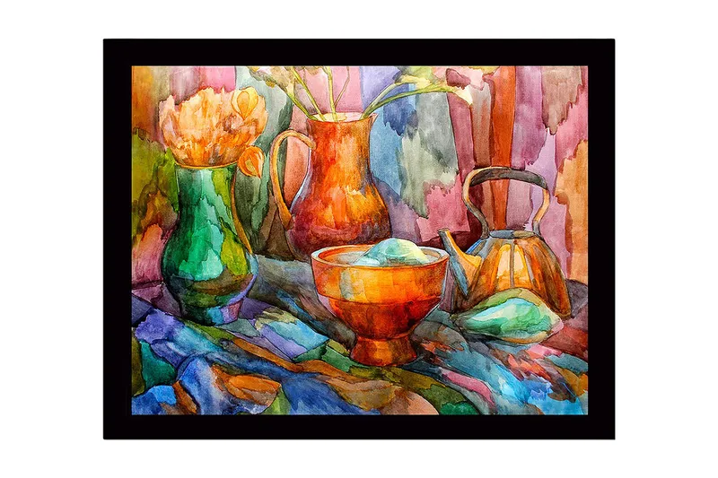 Indrammet lærredstryk i træ - 41x56 cm - Stilhed med farverige kar og blomster, Grøn / Orange / Blå