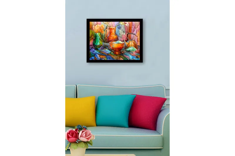 Indrammet lærredstryk i træ - 41x56 cm - Stilhed med farverige kar og blomster - Grøn / Orange / Blå - Boligtilbehør - Billeder & kunst