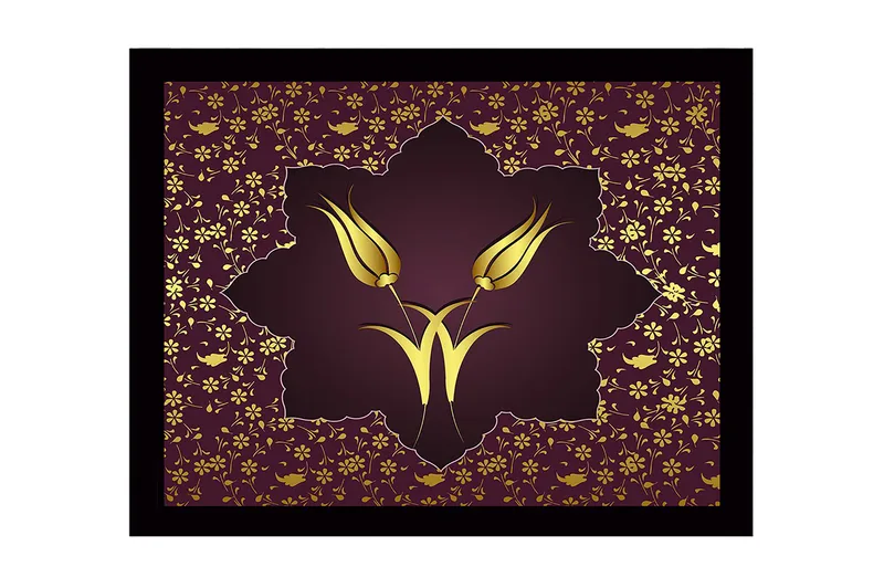 Indrammet lærredstryk i træ - 41x56 cm - Stiliserede blomster i guld mod en mørkerød baggrund, Mørkerød / Guld