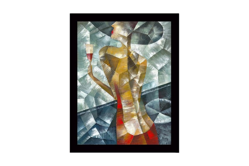 Indrammet lærredstryk i træ - 41x56 cm - Stiliseret kvinde med et glas i hånden, Guld / Rød / Grønblå