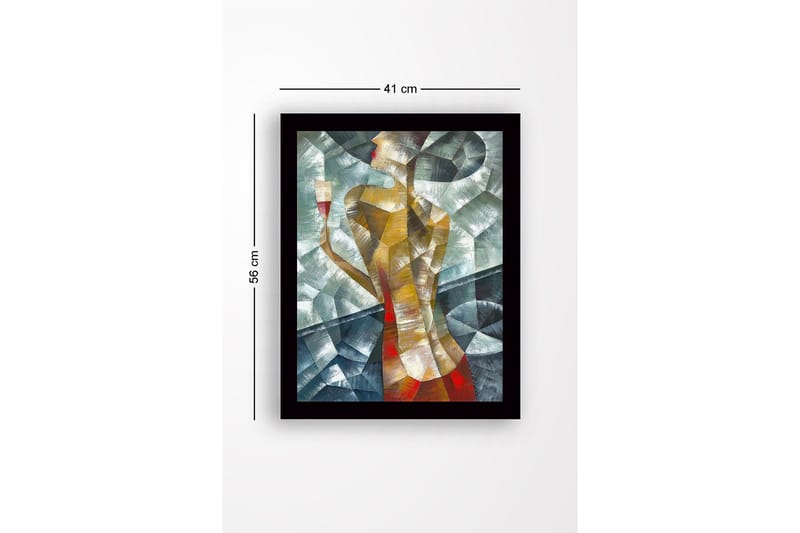 Indrammet lærredstryk i træ - 41x56 cm - Stiliseret kvinde med et glas i hånden - Guld / Rød / Grønblå - Boligtilbehør - Billeder & kunst