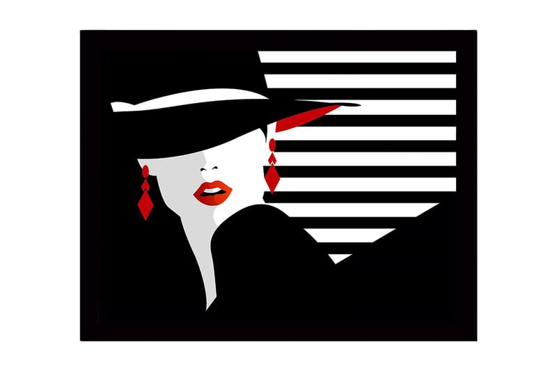 Indrammet lærredstryk i træ - 41x56 cm - Stiliseret kvinde med hat og røde læber, Sort / Hvid / Rød