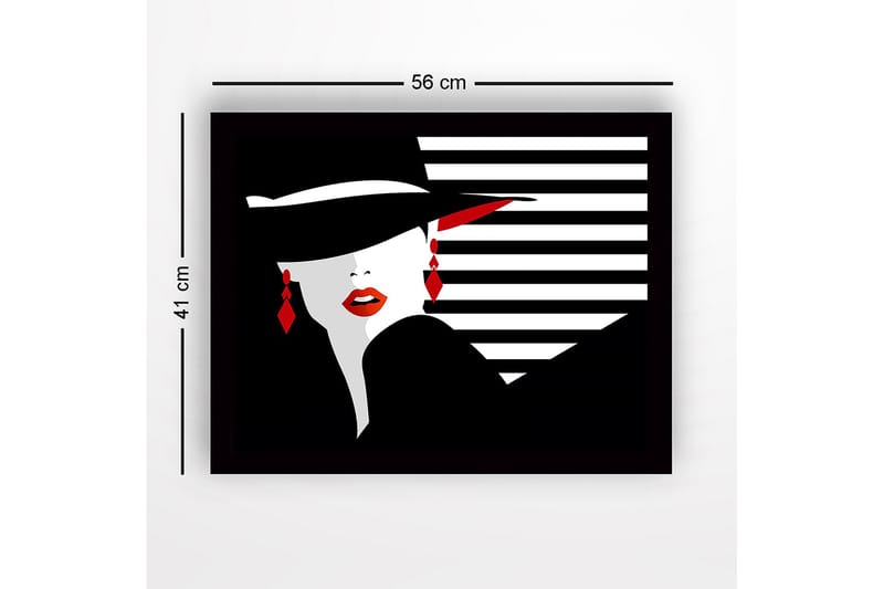 Indrammet lærredstryk i træ - 41x56 cm - Stiliseret kvinde med hat og røde læber - Sort / Hvid / Rød - Boligtilbehør - Billeder & kunst
