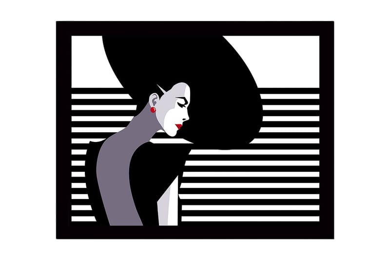 Indrammet lærredstryk i træ - 41x56 cm - Stiliseret kvinde med langt hår i profil, Sort / Hvid / Rød