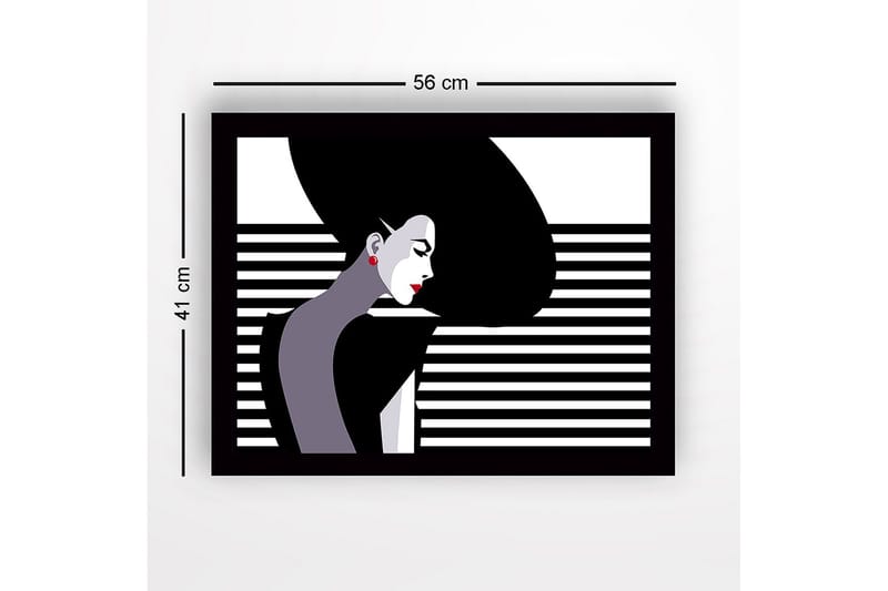 Indrammet lærredstryk i træ - 41x56 cm - Stiliseret kvinde med langt hår i profil - Sort / Hvid / Rød - Boligtilbehør - Billeder & kunst