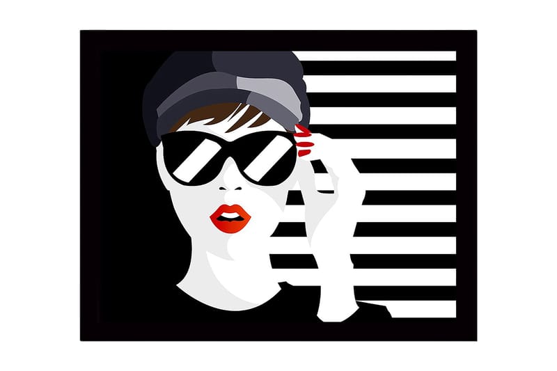 Indrammet lærredstryk i træ - 41x56 cm - Stiliseret kvinde med solbriller og rød læbestift, Sort / Hvid / Rød