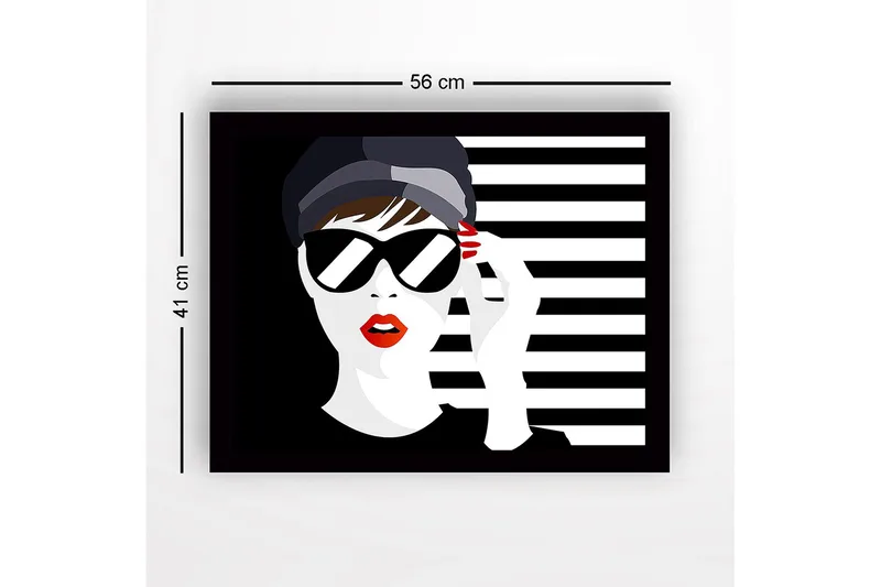 Indrammet lærredstryk i træ - 41x56 cm - Stiliseret kvinde med solbriller og rød læbestift - Sort / Hvid / Rød - Boligtilbehør - Billeder & kunst