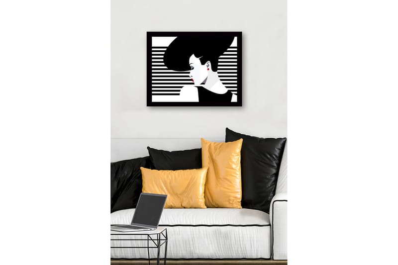 Indrammet lærredstryk i træ - 41x56 cm - Stiliseret kvinde med stort hår og røde læber - Sort / Hvid / Rød - Boligtilbehør - Billeder & kunst