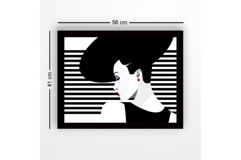 Indrammet lærredstryk i træ - 41x56 cm - Stiliseret kvinde med stort hår og røde læber - Sort / Hvid / Rød - Boligtilbehør - Billeder & kunst