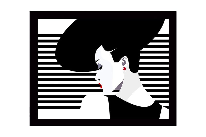 Indrammet lærredstryk i træ - 41x56 cm - Stiliseret kvinde med stort hår og røde læber, Sort / Hvid / Rød