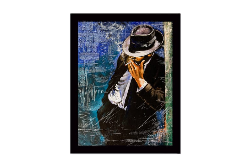 Indrammet lærredstryk i træ - 41x56 cm - Stiliseret mand i jakkesæt med hat, der ryger en cigaret - Sort / Blå / Hvid - Boligtilbehør - Billeder & kunst