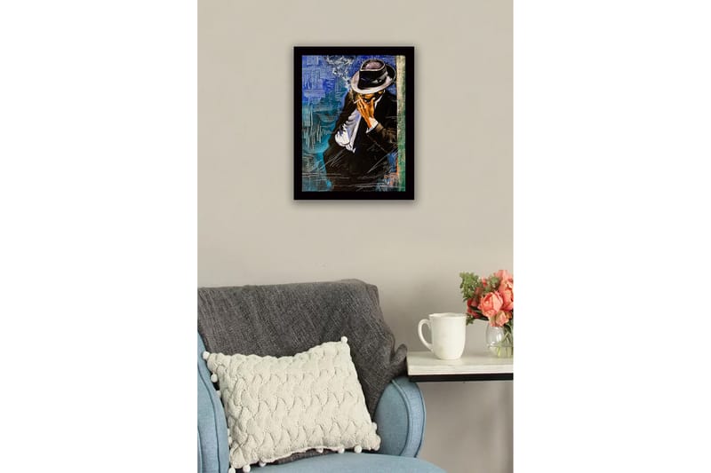 Indrammet lærredstryk i træ - 41x56 cm - Stiliseret mand i jakkesæt med hat, der ryger en cigaret - Sort / Blå / Hvid - Boligtilbehør - Billeder & kunst