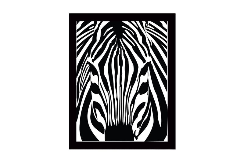 Indrammet lærredstryk i træ - 41x56 cm - Stiliseret zebra med kontrasterende sorte og hvide linjer, Sort / Hvid