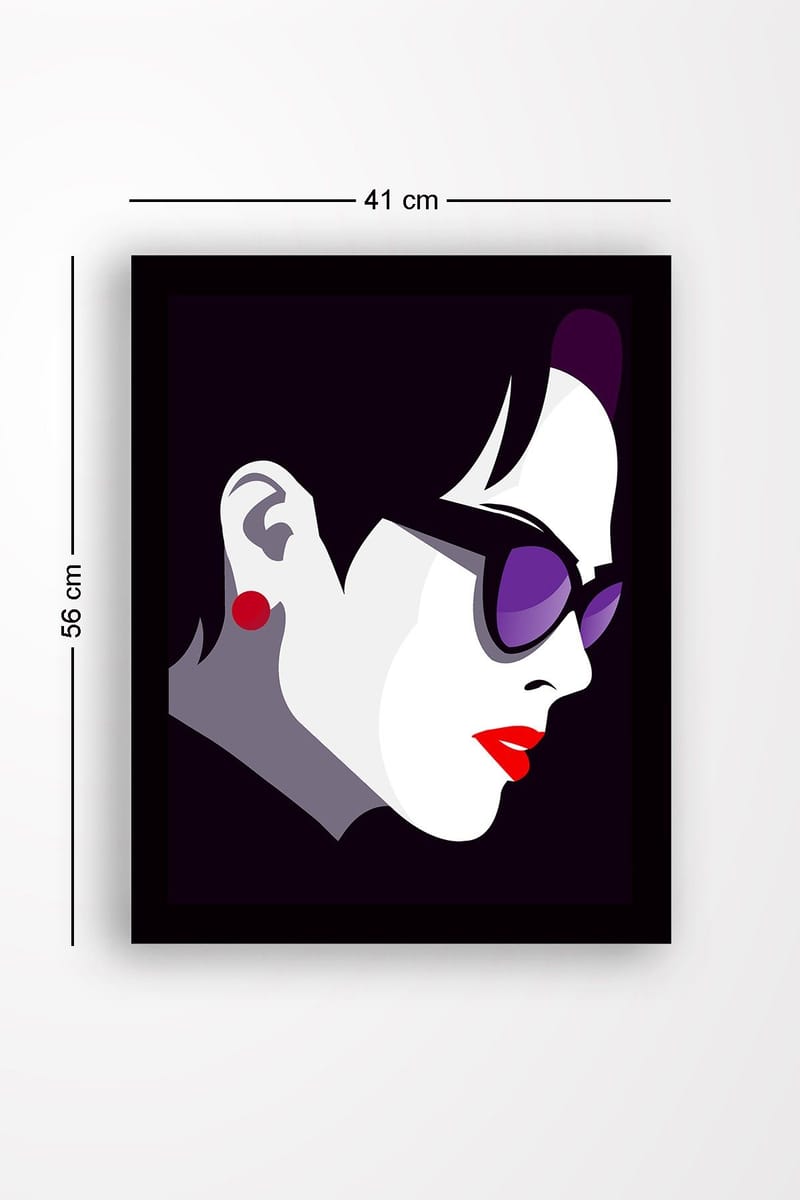 Indrammet lærredstryk i træ - 41x56 cm - Stiliseret profil af en kvinde med solbriller - Mørkelilla / Rød / Hvid - Boligtilbehør - Billeder & kunst