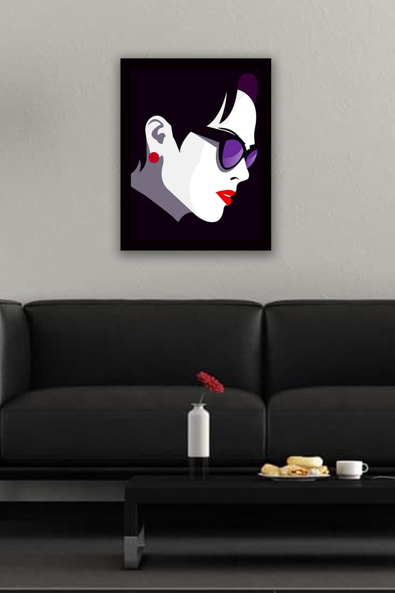 Indrammet lærredstryk i træ - 41x56 cm - Stiliseret profil af en kvinde med solbriller - Mørkelilla / Rød / Hvid - Boligtilbehør - Billeder & kunst
