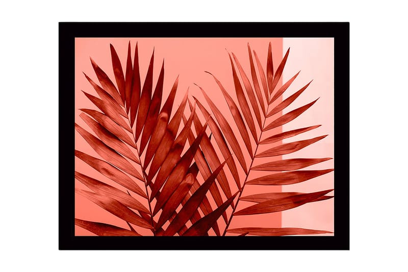 Indrammet lærredstryk i træ - 41x56 cm - Store, stiliserede palmeblade i rød nuance, Rød / Lys pink