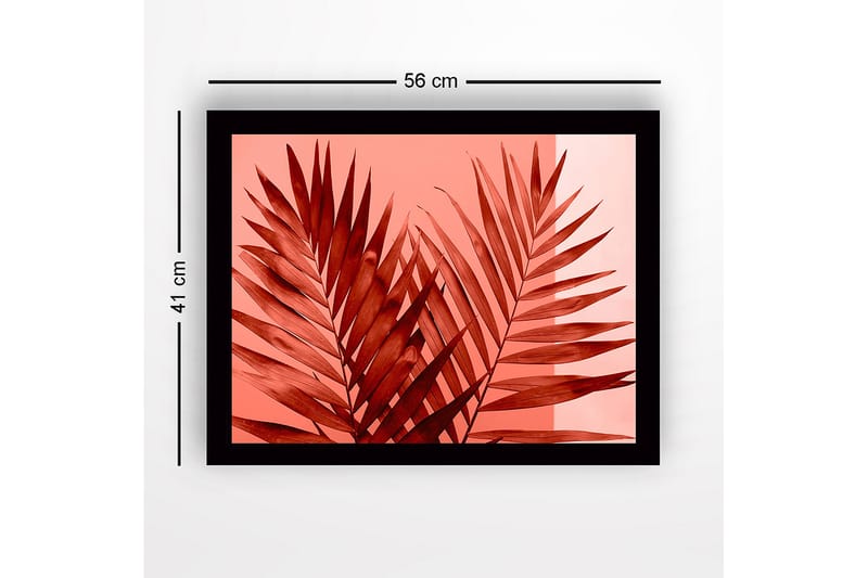 Indrammet lærredstryk i træ - 41x56 cm - Store, stiliserede palmeblade i rød nuance - Rød / Lys pink - Boligtilbehør - Billeder & kunst