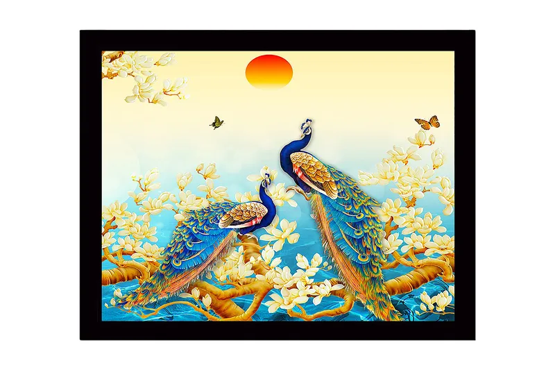 Indrammet lærredstryk i træ - 41x56 cm - Storslåede påfugle i et blomstrende miljø, Blå / Grøn / Gul