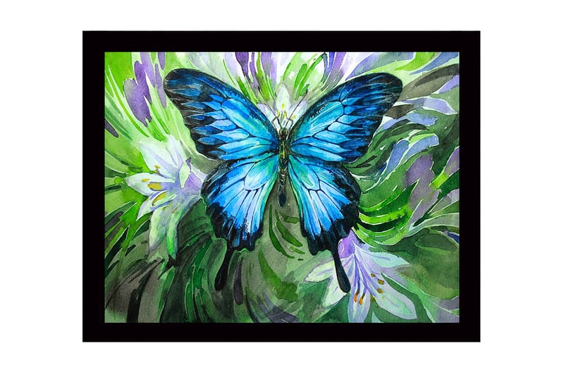 Indrammet lærredstryk i træ - 41x56 cm - Storslået blå sommerfugl i et grønt og lilla miljø, Blå / Grøn / Lilla