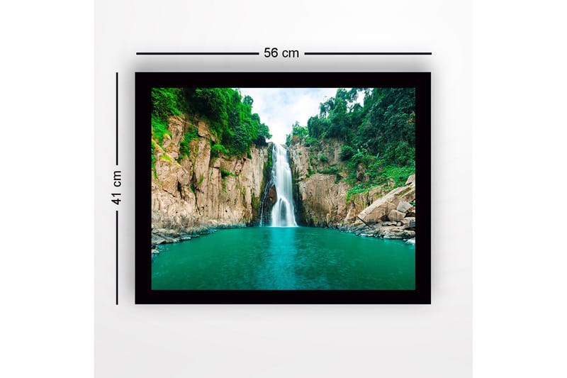 Indrammet lærredstryk i træ - 41x56 cm - Storslået vandfald, der falder ned i en klar, turkis sø omgivet af frodigt grønt - Turkis / Grøn / Beige - Boligtilbehør - Billeder & kunst