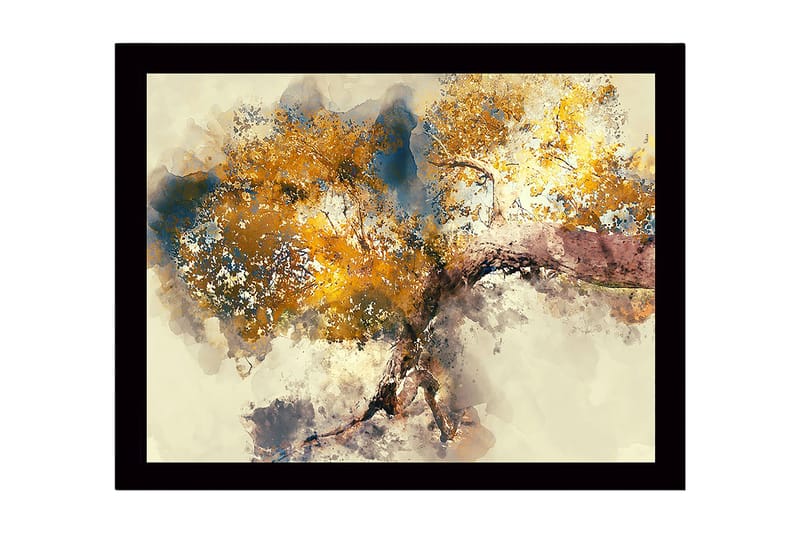 Indrammet lærredstryk i træ - 41x56 cm - Stort træ med gyldent løv, Guld / Blå / Brun