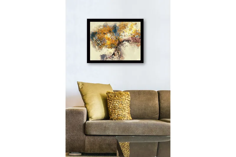 Indrammet lærredstryk i træ - 41x56 cm - Stort træ med gyldent løv - Guld / Blå / Brun - Boligtilbehør - Billeder & kunst