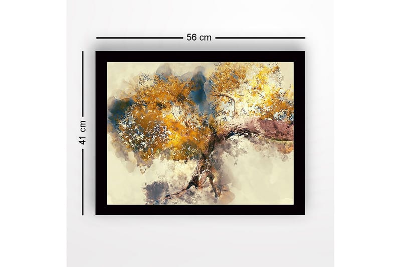 Indrammet lærredstryk i træ - 41x56 cm - Stort træ med gyldent løv - Guld / Blå / Brun - Boligtilbehør - Billeder & kunst