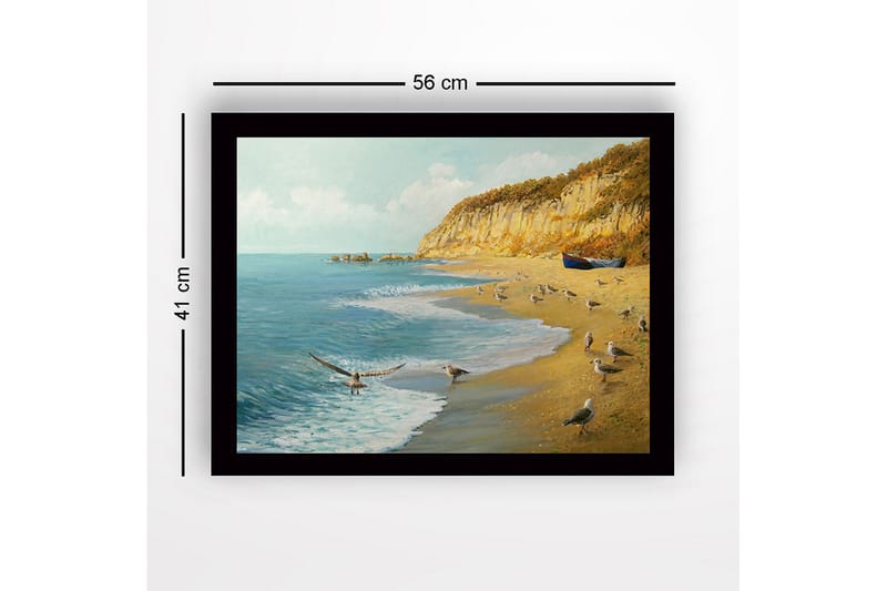 Indrammet lærredstryk i træ - 41x56 cm - Strandlandskab med måger og en båd på kysten - Blå / Beige / Grøn - Boligtilbehør - Billeder & kunst