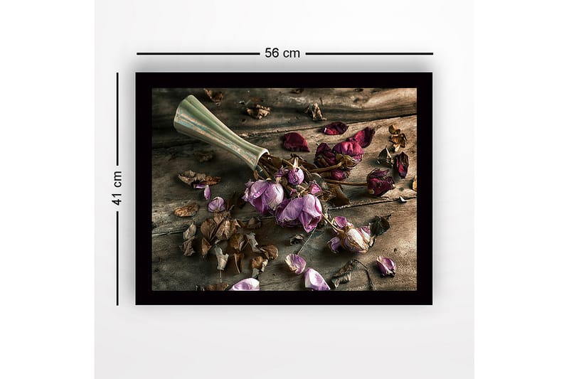 Indrammet lærredstryk i træ - 41x56 cm - Tørrede roser i en vase på et træbord - Lilla / Brun / Grå - Boligtilbehør - Billeder & kunst