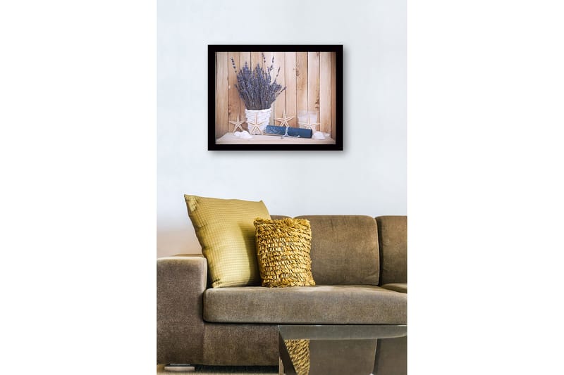 Indrammet lærredstryk i træ - 41x56 cm - Tørret lavendel i en hvid kurv med søstjerner og en rulle papir - Lilla / Hvid / Blå - Boligtilbehør - Billeder & kunst