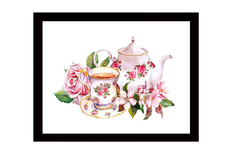 Indrammet lærredstryk i træ - 41x56 cm - Tekande og kop med blomster i romantisk stil, Lyserød / Grøn / Hvid