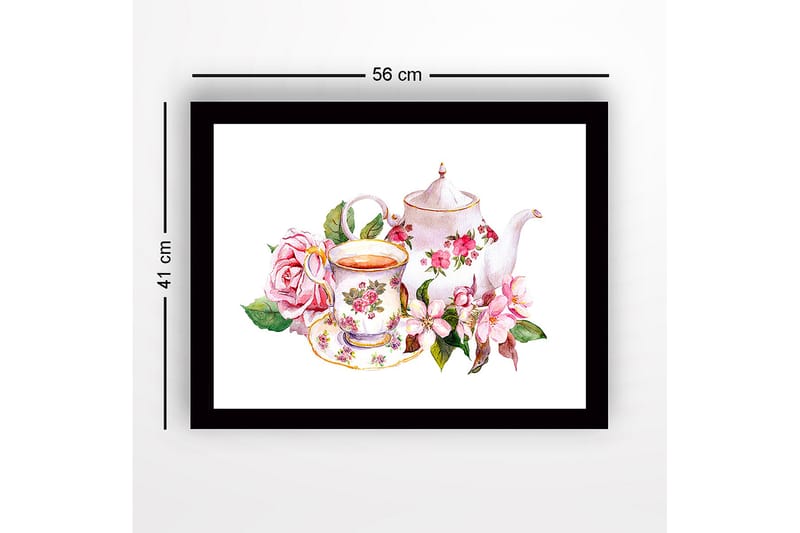 Indrammet lærredstryk i træ - 41x56 cm - Tekande og kop med blomster i romantisk stil - Lyserød / Grøn / Hvid - Boligtilbehør - Billeder & kunst