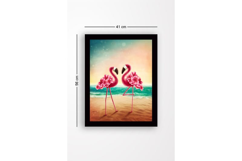 Indrammet lærredstryk i træ - 41x56 cm - To flamingoer med blomsterdetaljer står tæt på hinanden ved havet - Lyserød / Turkis / Beige - Boligtilbehør - Billeder & kunst