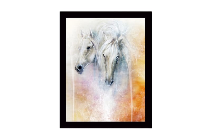 Indrammet lærredstryk i træ - 41x56 cm - To majestætiske heste med bløde ansigtstræk og en drømmeagtig baggrund, Hvid / Lysegrå / Orange