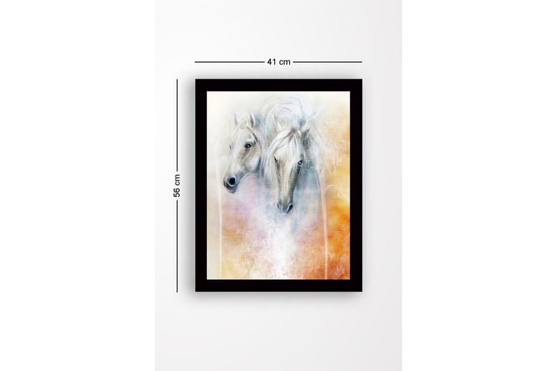 Indrammet lærredstryk i træ - 41x56 cm - To majestætiske heste med bløde ansigtstræk og en drømmeagtig baggrund - Hvid / Lysegrå / Orange - Boligtilbehør - Billeder & kunst