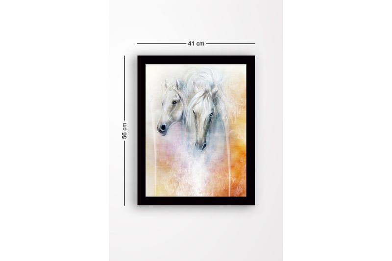Indrammet lærredstryk i træ - 41x56 cm - To majestætiske heste med bløde ansigtstræk og en drømmeagtig baggrund - Hvid / Lysegrå / Orange - Boligtilbehør - Billeder & kunst