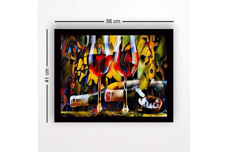 Indrammet lærredstryk i træ - 41x56 cm - To vinglas med rødvin og en flaske i en livlig komposition - Rød / Gul / Grøn - Boligtilbehør - Billeder & kunst