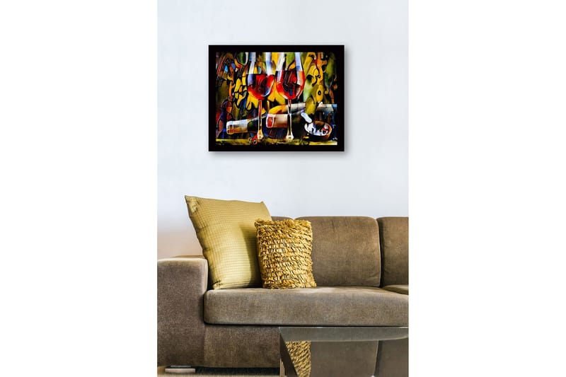 Indrammet lærredstryk i træ - 41x56 cm - To vinglas med rødvin og en flaske i en livlig komposition - Rød / Gul / Grøn - Boligtilbehør - Billeder & kunst