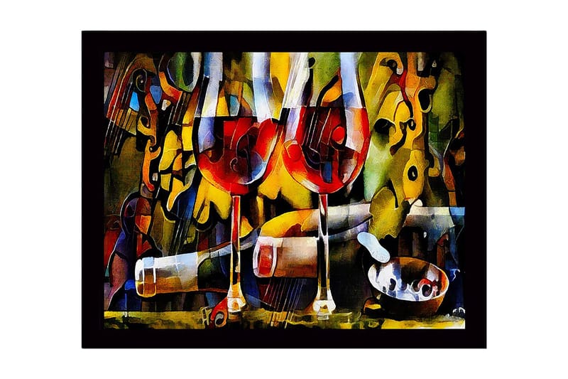 Indrammet lærredstryk i træ - 41x56 cm - To vinglas med rødvin og en flaske i en livlig komposition, Rød / Gul / Grøn