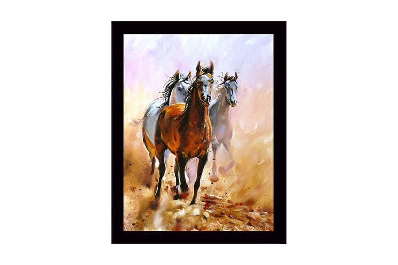 Indrammet lærredstryk i træ - 41x56 cm - Tre heste bevæger sig gennem et støvet landskab, Brun / Hvid / Beige