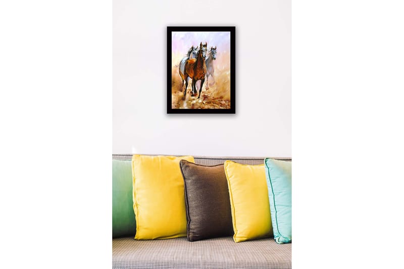 Indrammet lærredstryk i træ - 41x56 cm - Tre heste bevæger sig gennem et støvet landskab - Brun / Hvid / Beige - Boligtilbehør - Billeder & kunst