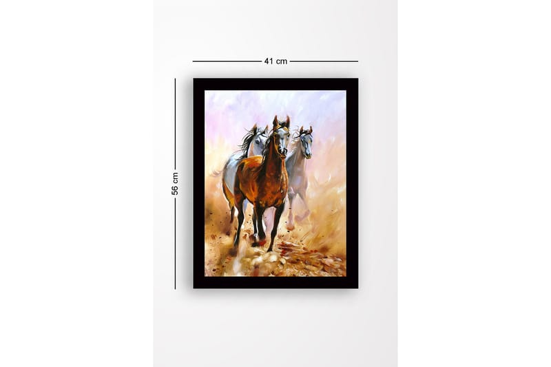 Indrammet lærredstryk i træ - 41x56 cm - Tre heste bevæger sig gennem et støvet landskab - Brun / Hvid / Beige - Boligtilbehør - Billeder & kunst
