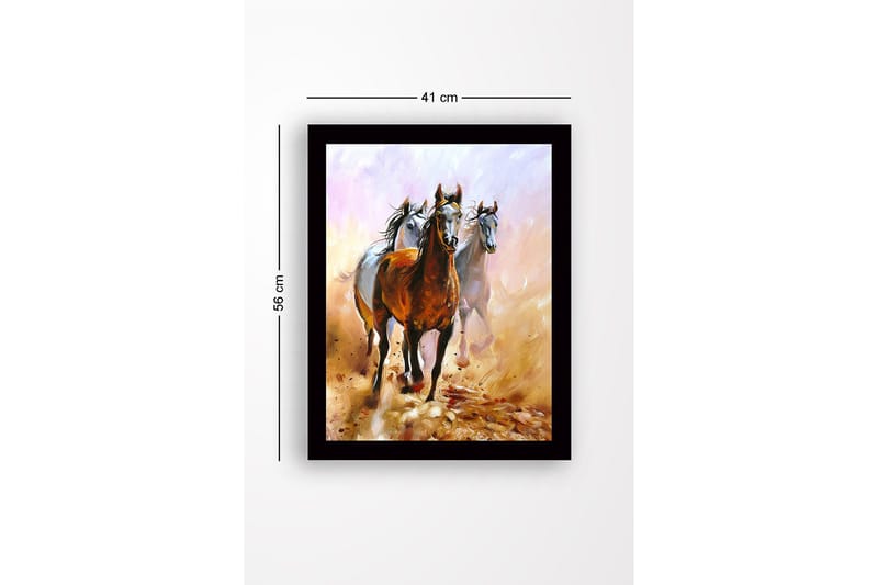Indrammet lærredstryk i træ - 41x56 cm - Tre heste bevæger sig gennem et støvet landskab - Brun / Hvid / Beige - Boligtilbehør - Billeder & kunst
