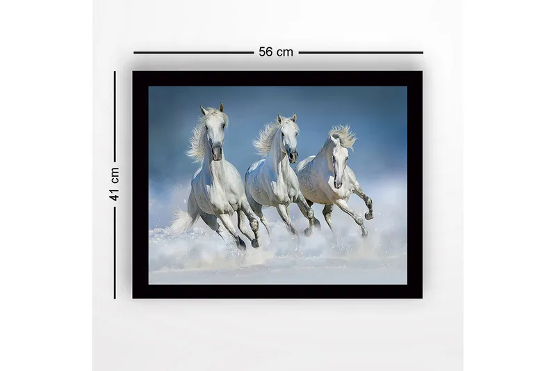 Indrammet lærredstryk i træ - 41x56 cm - Tre hvide heste galoperer gennem vand - Hvid / Lyseblå - Boligtilbehør - Billeder & kunst