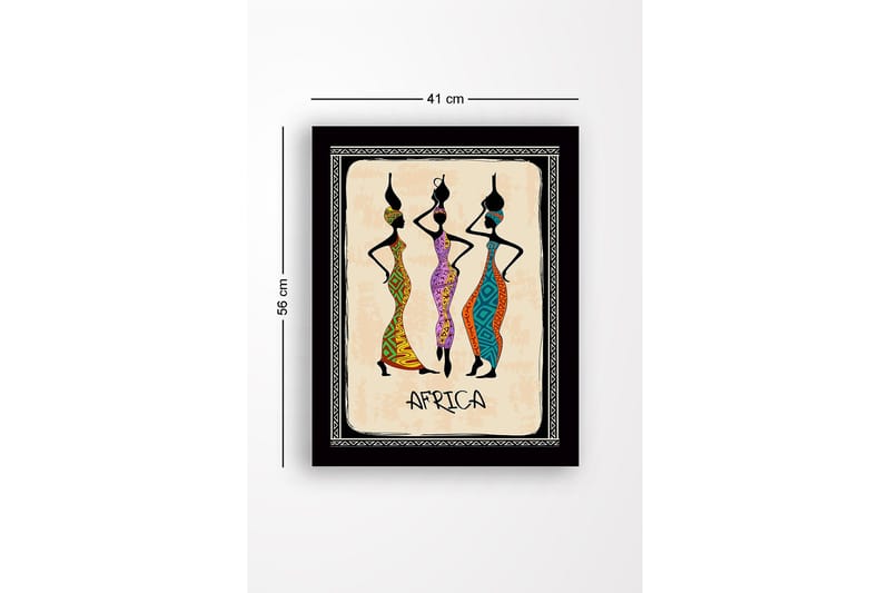 Indrammet lærredstryk i træ - 41x56 cm - Tre stiliserede kvinder i farverige kjoler med traditionelle mønstre - Sort / Orange / Grøn - Boligtilbehør - Billeder & kunst